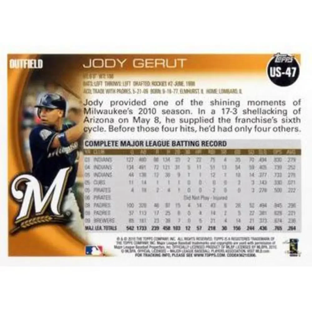 2010 Topps Update Jody Gerut US-47 Milwaukee Brewers